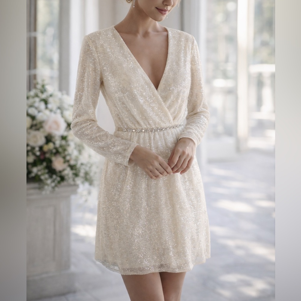 Vera Wang White Size 0 Ivory Champagne Sequin Mesh Mini Dress Deep V Long Sleeve